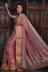 Pure Linen Gajar Jamdani In Brown Colour